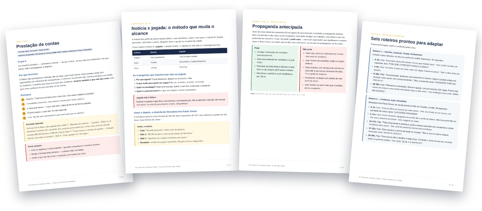 Páginas internas dos guias: tipos de conteúdo, carrossel, regras eleitorais e roteiros de Reels