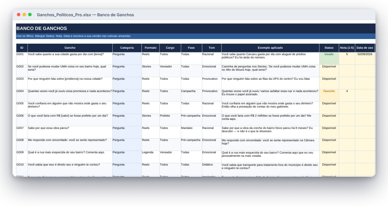 Banco de Ganchos com 455 ganchos, categorias, formatos e exemplos aplicados