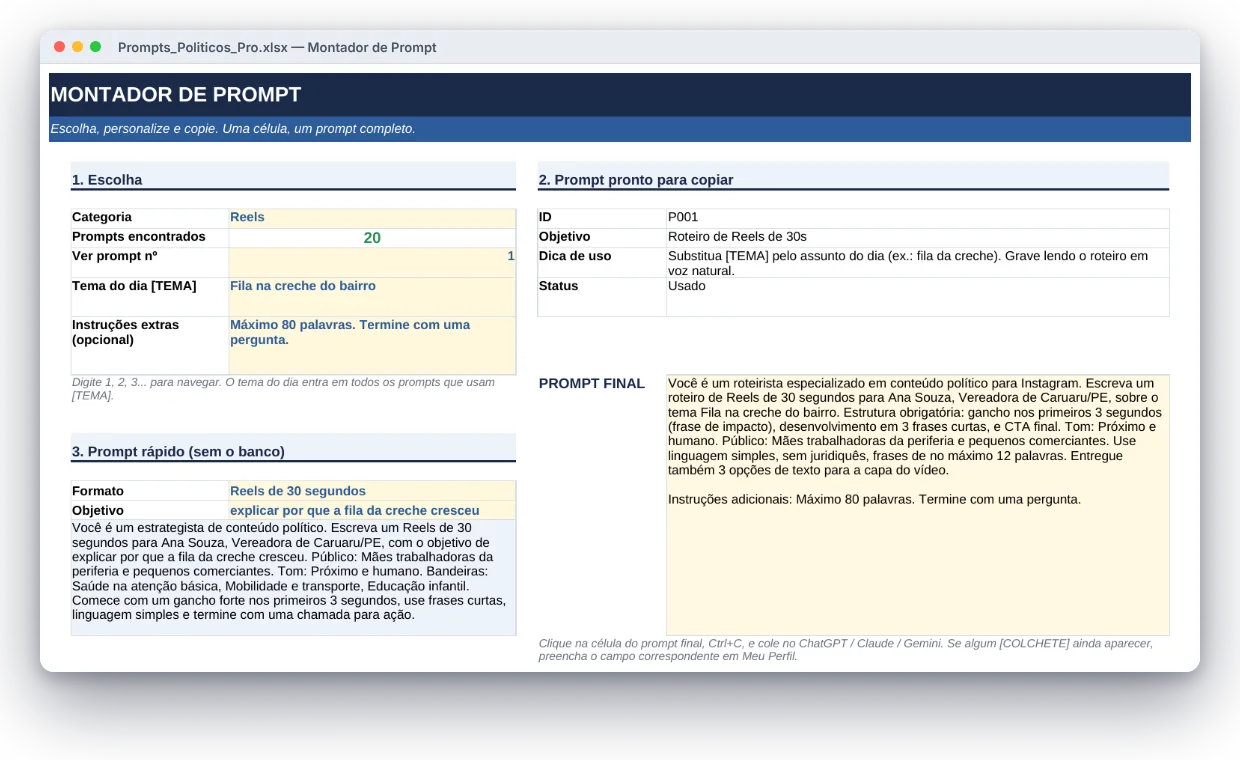Montador de Prompt da planilha Prompts Políticos Pro com o prompt final pronto para copiar